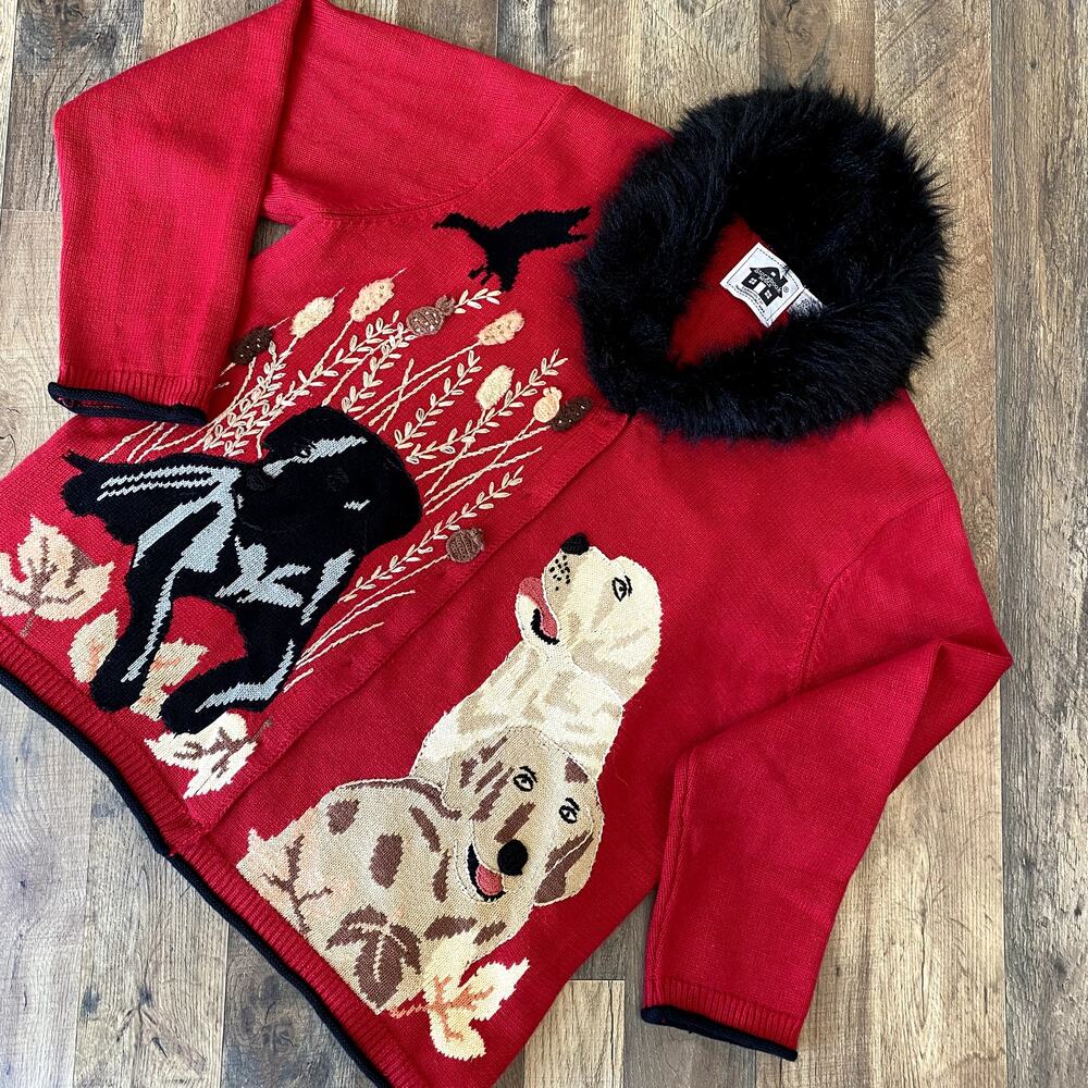 Vintage 90's Storybook Knits Sporting Hounds Cable Knit Cardigan Sweater 1X